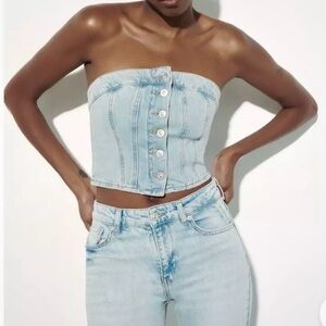 Zara Denim Corset Top Women’s Small Bustier Strapless Cropped Button Front NWT